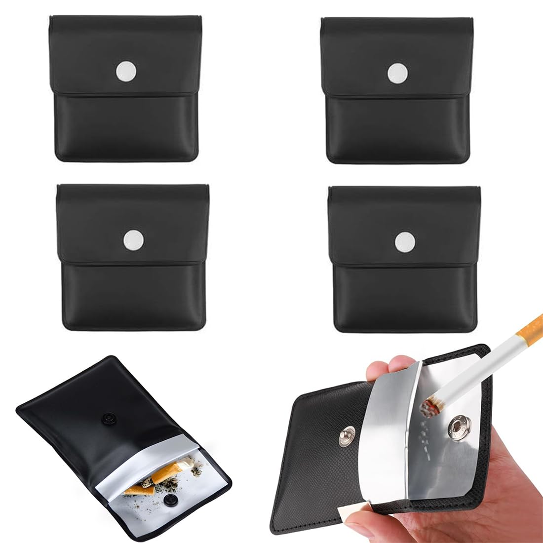 Lot De 4 Cendriers De Poche Ignifuges - Anti-odeur, Portable, Taille 8x8 Cm, En EVA Noir