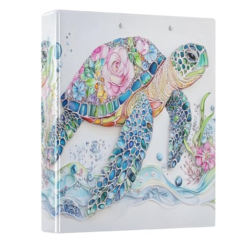 Image of 3 Ring Binder Sea Turtle Floral Ocean Map Nautical Coastal 1.5 inch Binders Three Ring Binders with Clipboard Fit 8.5'' x 11'' Paper 3 Interior PVC Clear Pockets for Office Supplies