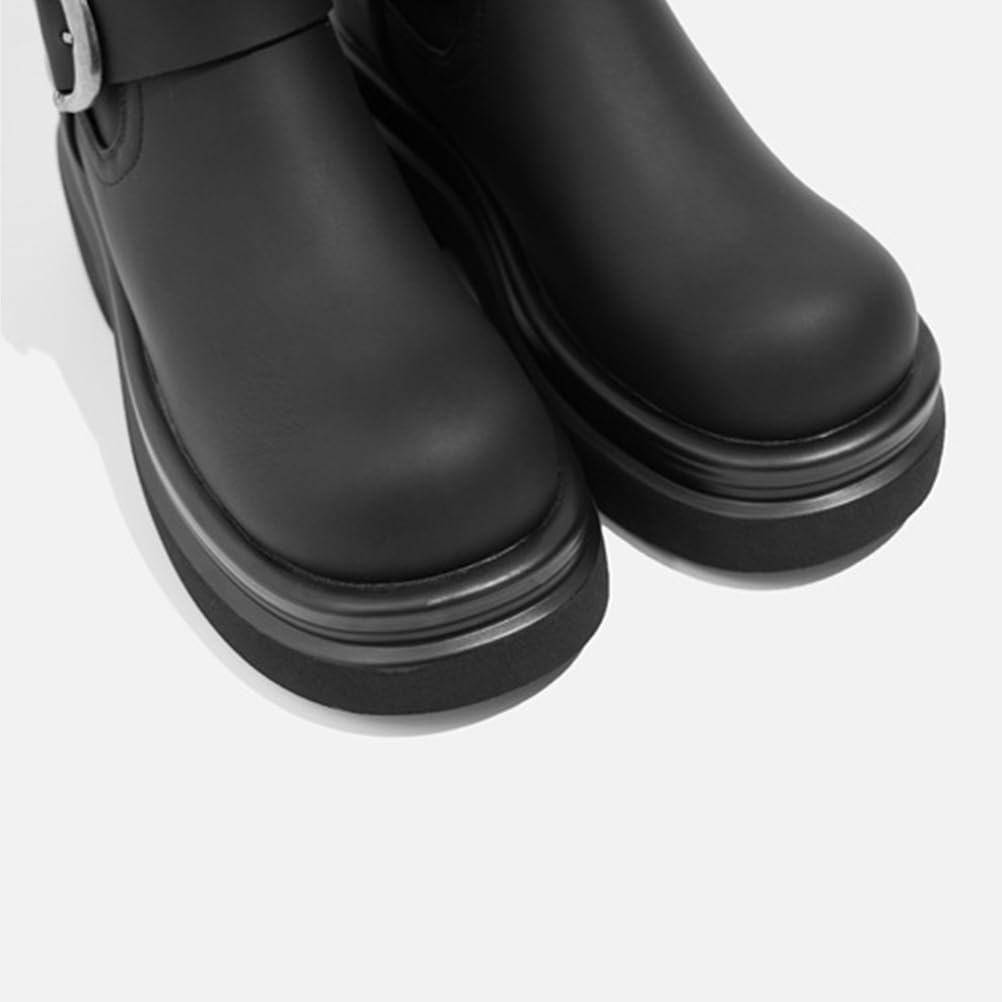 Botas De Montar Mujer Tacón Grueso Punta Redonda A Media Pantorrilla para Otoño Invierno Exterior Y Uso Diario Cuero PU Transpirable Forro Cálido