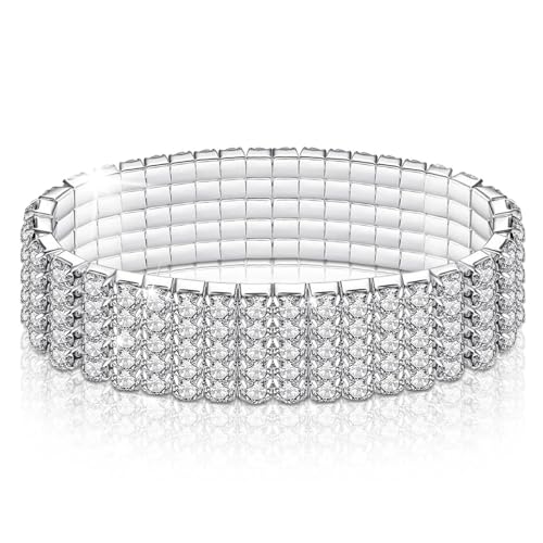 Rhinestone Stretch Bracelets, LucBuy Twinkle Diamond Tennis Bangle, 5 Rows Crystal Sparkling Bridal Stackable Bracelet Jewelry, Bling Shining Wedding Party Elastic Band Bracelet for Women (Silver)