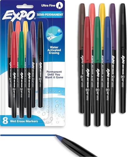 Image of EXPO Vis-a-Vis Wet Erase Markers, Semi-Permanent, Assorted Colors, Ultra Fine Tip, 8 Count - For Writing on Glass, Whiteboards, Mirrors, Calendar, Labeling, Organizing