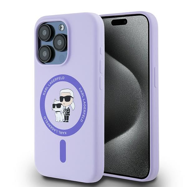 CG Mobile Karl Lagerfeld KLHMP15LSCMKCRHU Coque de Protection pour iPhone 15 Pro 6,1" Violet Coque Rigide en Silicone avec Anneau tĂŞte Karl & Choupette