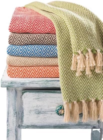 Chevron Recycled Cotton Handloom Throw; ethical soft handmade throw blanket with tassels (Terracotta)