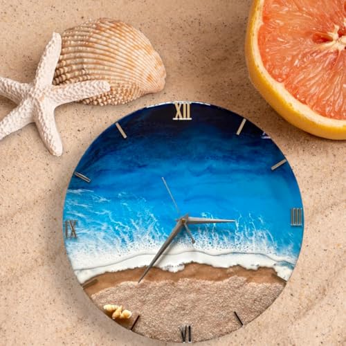 Image of Handmade Resin Wall Clock with Roman Numerals - Luxury Marble Effect Designer Wall Clock with Gold Finish, Silent Quartz Movement, Modern Home & Office Decor (Sea Blue)