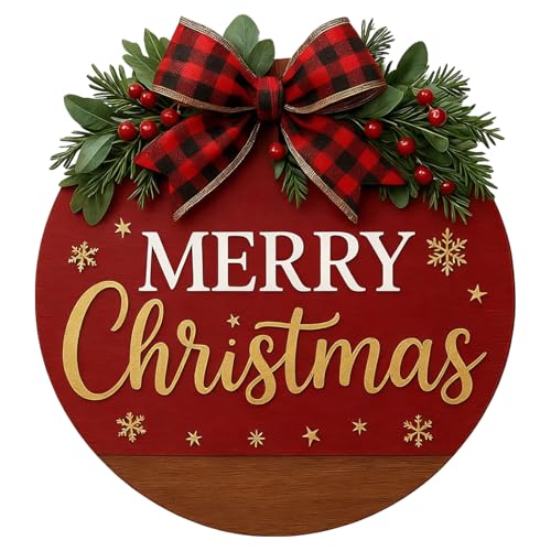 Image of Merry Christmas Wreaths for Front Door - Welcome Door Hanger Sign with Bow, Greenery & Red Berries, for Holiday Rustic Farmhouse Outdoor Wall Windows Decor (Merry Christmas Wreaths)
