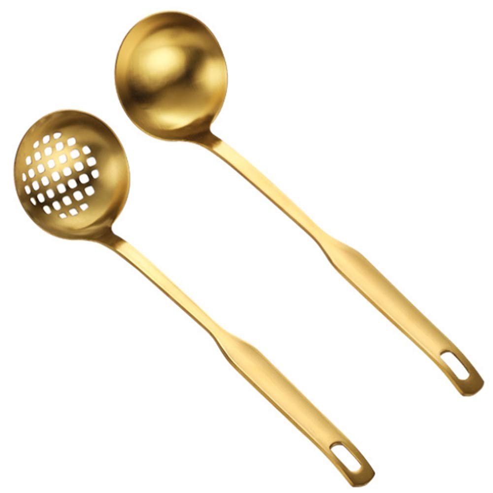 Lobamop Gold Soup Ladle Colander Set, Long Handle Stainless Steel Kitchenware Cookware Serving Spoon, for Cooking Utensil(2 PCS)