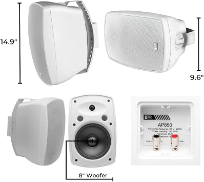 OSD Audio Premium Outdoor Audio System Bundle 8 High-Power AP850 8 White Patio Speakers with Brackets and 500ft Direct Burial 14AWG CL3 Audio Cable