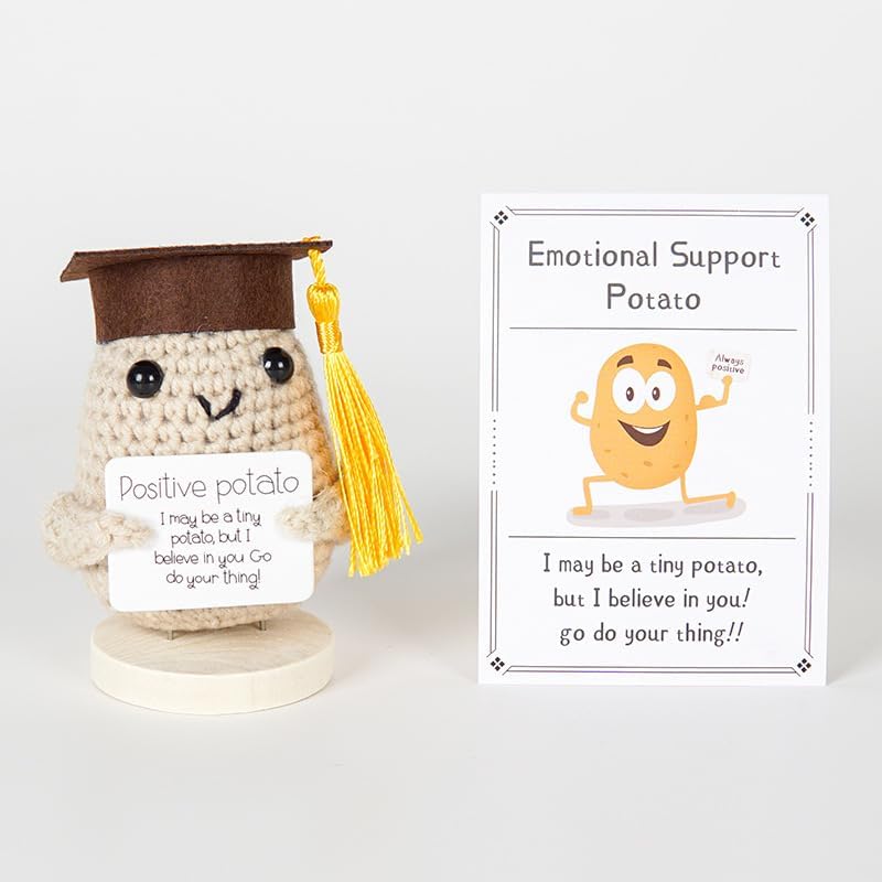 PICKLE BUDDIES Emotional Support Crochet Doll Graduate Potato with Card – Positive Crochet Animals Gifts Handmade Emotional Support Potato Desk Decor Crochet Plushies for Anxiety & Stress Relief