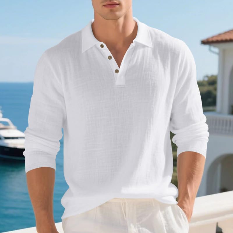 Mens Linen Henley Shirts Long Sleeve Casual Lapel V Neck Polo T-Shirts Button Down Loose Collar Beach Shirt