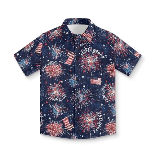 HUIACONG USA 250 Years Short Sleeve Dress Shirt Big Boys Size 10-11 Children School Uniform Firework American Flag Button Down Shirt Big Girls Novelty Button Up Clothes for Beach Vacation