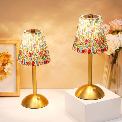 Image of Liliful 2 Pcs Cordless Table Lamp Rechargeable Touch LED Small Gold Portable Battery Operated USB-c Desk Lamp 3 Color Dimmable for Bedroom Living Room Dining (Gold,Floral Style)