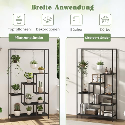COSTWAY Stojak na rośliny, 6 poziomów, 180 cm, metalowy regał na kwiaty z 10 haczykami w kształcie litery S i półką z kratki, stojak na kwiaty, na balkon, do salonu (czarny)