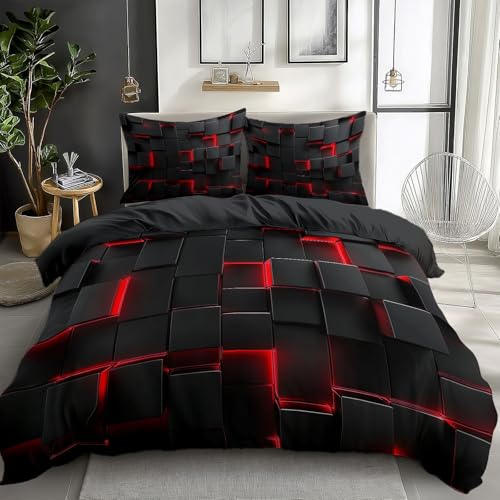 Housse de Couette 140 x 200 cm Cubes Noirs Et Rouges 3D Réversible Parure de Lit Ado Enfants, Adultes Housse Couette Fermeture à Glissière en Microfibre avec 2 Taie...