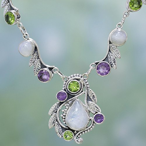 Novica Handmade .925 Sterling Silver Multigemstone Pendant Necklace From India Amethyst Rainbow Moonstone Peridot Clear Green Multicolor Purple Birthstone 'Luminous Beauty' #TOP4