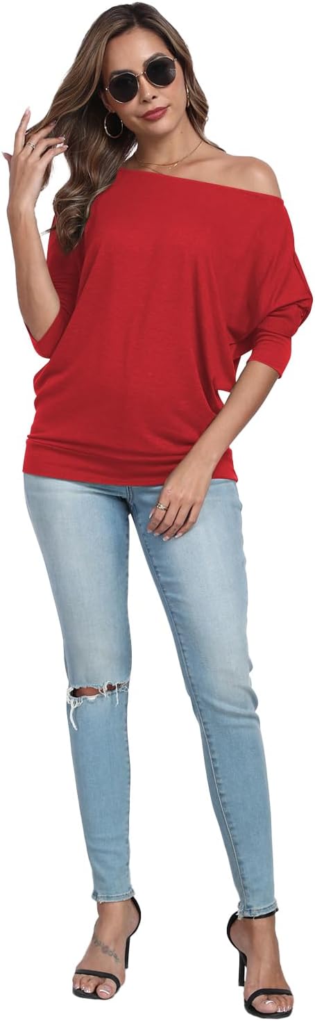 Poetsky Womens 3/4 Sleeve Shirts Sexy Off Shoulder Ruched Tops Loose Fitting Blouses - Image 3