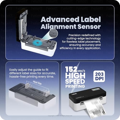 Image of helett RapidLabel Lite BT Label Printer Machine | Bluetooth Thermal Printer 4x6 Shipping & Barcode Labels | USB + Wireless, 203 DPI, 152mm /s | Android, iOS, Windows, Mac | Inkless, No Seller Flex