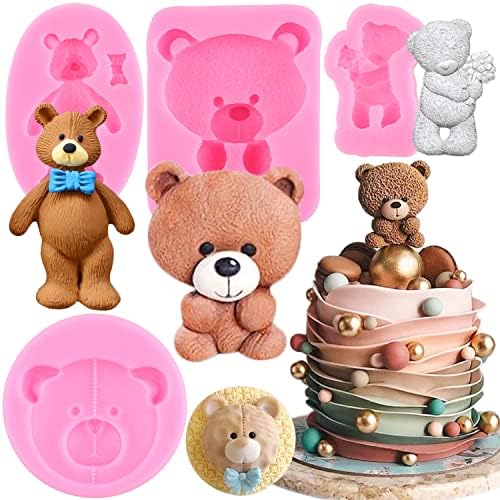 RFGHAC Bear Silicone Fondant Mold Teddy Bear Chocolate Molds For Baby Shower Party Cake Decorating Candy Gum Paste Polymer Clay Cupcake Topper Set Of 4