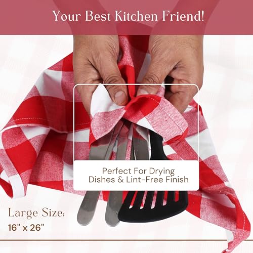 Image of Red Buffalo Plaid Checked Dish Towels 4 Pack, 100% Cotton, 16x26 Inches, Super Absorbent, Quick Drying, Soft, Lint-Free, Durable Tea & Bar Towels with Hanging Loop, Grey and White