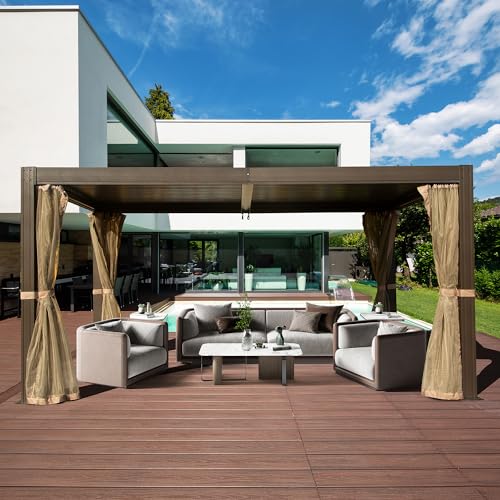 Domi Louvered Pergola 10x13Ft Outdoor Pergola Aluminum Pergola with Adjustable Roof Metal Pergola Gazebo with Mosquito Netting for Patio Backyard Deck Garden LawnsBrown