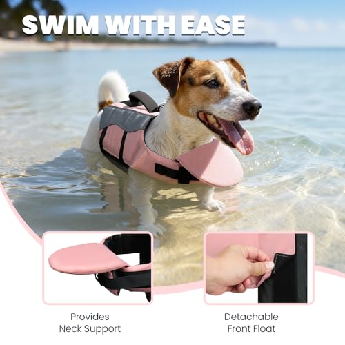 Image of VIVAGLORY Dog Life Jacket with Removable Front Float, Life Vest with Reflective Trims & Extra Padding for Swimming & Boating, Sakura Pink, S | Life Jacket with Chin Float & Handle for Swimming & Boating, High Visibility Adjustable for Doggy Cat Puppy