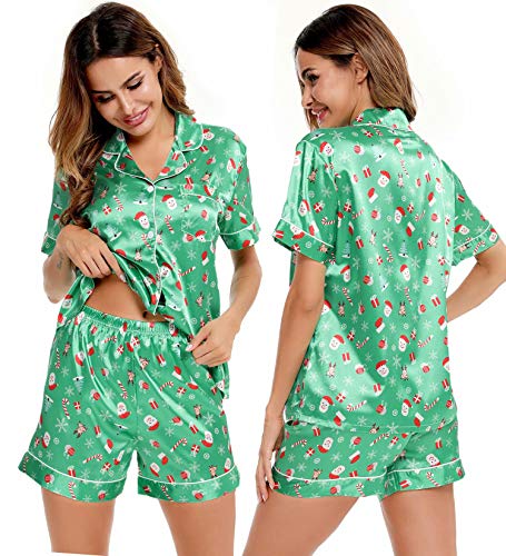 Image of SWOMOG Womens Silk Satin Pajamas Set Short Sleeve Sleepwear Button Down Top and Shorts Loungewear 2 Piece Pjs Set XS-3XL