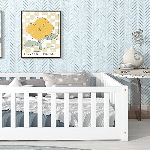HomSof Twin Floor Platform Bed with Fence without Door,White - Thumbnail 4
