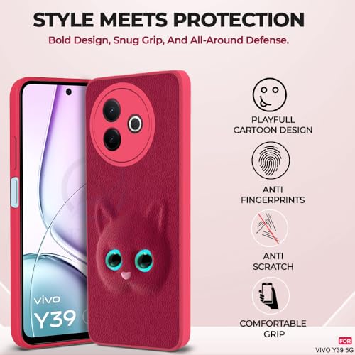 Image of AESTMO Back Case Cover for Vivo Y39 5G Back Cover | 3D Cat Cover | Leather Finish | Full Body Protection | Camera Protection Back Cover for Vivo Y39 5G (Pink
