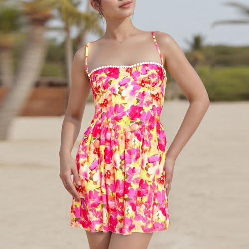 Image of Women Boho Floral Mini Cami Dress Spaghetti Strap Backless Flowy Sling Dress Cute Graphic Summer Holiday Sundress