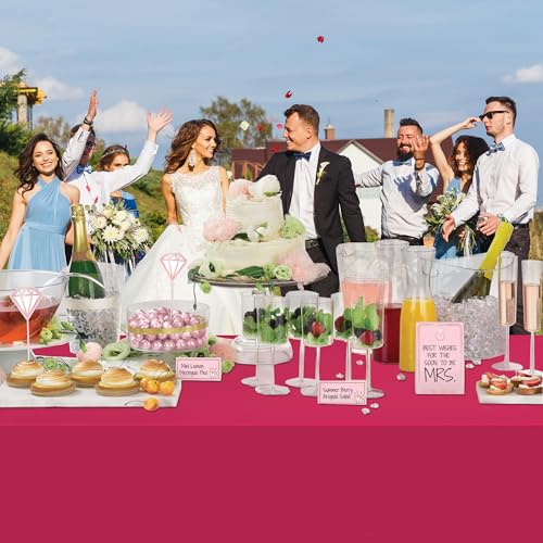 Image of WNINK 2 Pack Bright Red Plastic Tablecloth Disposable Table Covers 54 inch x 108 inch Table Cloths for Bridal Shower Engagement Wedding Birthday Picnic Parties