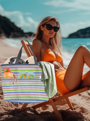 Beach Bags Women Mesh Tote Bag Modern Blue Pink Green Straight Line Toy Grocery Pool Bag with Pockets for Travel/Picnic4