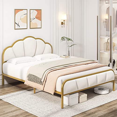 Hifit Queen Upholstered Bed Frame With Elegant Flowers Headboard, Metal Platform Size Wooden Slats Support, No Box Spring Needed, Noise, Easy Assembly, Velvet, Beige #TOP2