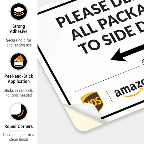 Image of Package Delivery Sign, Delivery Instructions Deliver All Package to Side Door Left Arrow Sign, 10x7 Inches, 4 Mil Vinyl Decal Stickers Weather Resistant, Made in USA