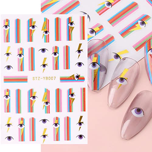 7 Pcs Marble Nail Art Stickers, 2022 French Tip Nail Decals Gold Edge 3D Self Adhesive Nail Art Supplies Colorful Marbles Hearts Eyes Designer Nail Stickers For Women Diy Nail Art Decorations #TOP3