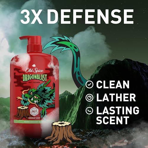Image of Old Spice Cleansing Body Wash for Men, 3X Defense, 24 /7 Shower Fresh with Lasting Scent, 2-in-1 Body & Face Wash, Dragonblast Scent, 33.4 (Pack of 4)