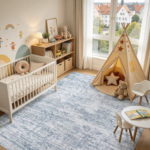 DMOYEST Area Rug Living Room Rugs - 8x10 Abstract Large Soft Indoor Washable Rug Neutral Modern Low Pile Carpet for Bedroom Dining Room Farmhouse Home Office - Vintage Blue by DMOYEST - Used condition - Image 7