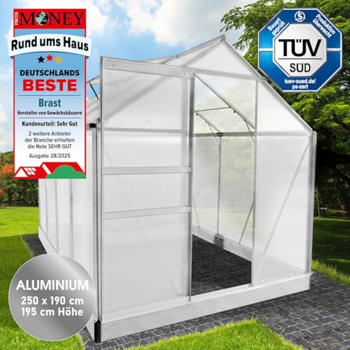 BRAST Gewächshaus Aluminium mit Fundament | 41 Modelle | 130x190x195cm - 490x250x235cm | TÜV geprüft | 6mm Hohlkammerplatten | rostfrei wetterfest temperaturbeständig | 250x190x195cm Silber – Bild 3