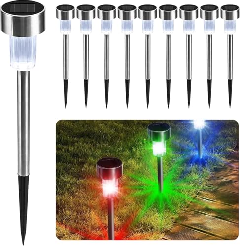 CUQOO Lot de 10 lampes solaires de jardin à LED à changement de couleur en acier inoxydable résistant aux intempéries pour éclairage extérieur et allée –...