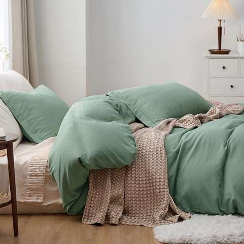 Image of Bedsure Sage Green Duvet Cover Queen Size Only - Prewashed Cotton-Like Polyester Extra Soft All Season Bedding, Includes 1 Duvet Cover 90x90 Inches with Zipper Closure, Comforter Not Included