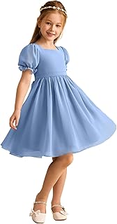 Junior Girls Bridesmaid Dress for Wedding Chiffon Short Puff Sleeve Flower Girl Dresses for Teen with Bow Back JR032 - Buy now