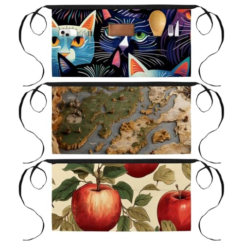 3 Pockets Waist Apron, 3 Packs Short Server Aprons, Map Tiles Kitchen Chef Aprons, Work Half Apron for Waitress Waiter