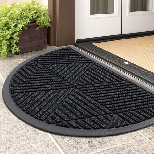 Smiry Half Circle Front Door Mat Outside Entrance, Heavy Duty Sturdy Natural Rubber Doormat, Trap Dirt and Moisture, Low Profile Floor Mats for Indoor Outdoor Entry, 29.5x17 Inch, Black