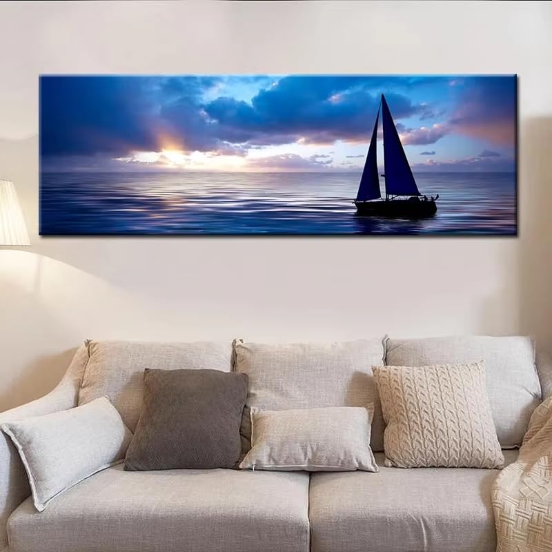Décoration intérieure salon grand tableau sur toile bateau et paysage de mer bleue