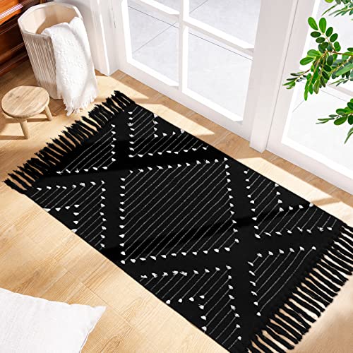 Mitovilla Boho Kitchen Rug 2'X3', Black White Small Bathroom Rug With Tassel, Farmhouse Geometric Bath Mat, Bohemian Runner Rug For Bedroom, Washable Cotton Woven Hallway Laundry Entryway Throw Rug #TOP7