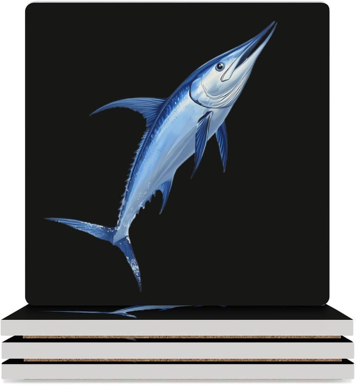 Blue Marlin Fish Funny Ceramic Coasters for Drinks Absorbent Cup Holder Tabletop Protector with Cork Base