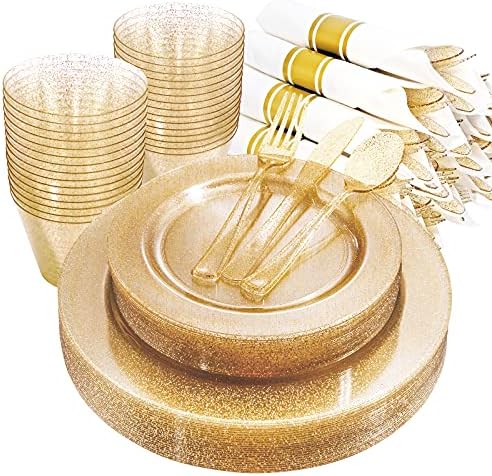 DaYammi 112PCS Gold Glitter Plastic Plates, Gold Disposable Dinnerware Gold Fancy Plates for Party Includes 16 Gold Dessert Plates, 16 Gold Dinner Plates, 16 Per Rolled Napkins with Cutlery and Cups