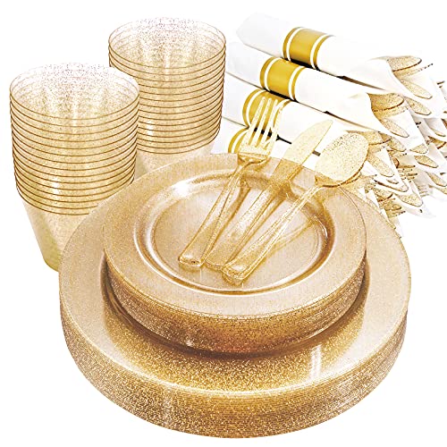 Dayammi 112Pcs Gold Glitter Plastic Plates, Gold Disposable Dinnerware Gold Fancy Plates For Party Includes 16 Gold Dessert Plates, 16 Gold Dinner Plates, 16 Per Rolled Napkins With Cutlery And Cups #TOP12