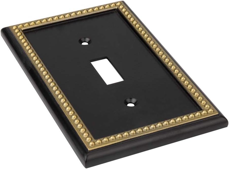 Pearled Frame Decorative Wall Plate Switch Plate Outlet Cover (Single Toggle 2PK, Black & Dark Golden)