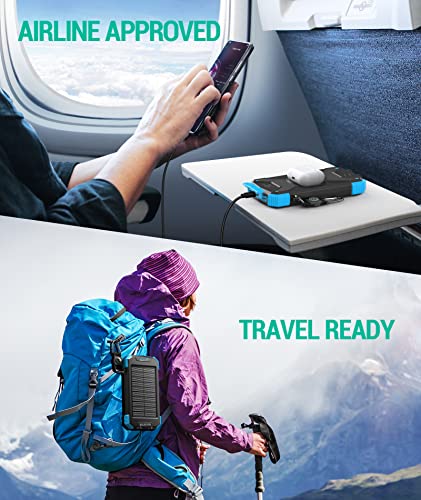 Blavor Solar Charger Power Bank, Qi Wireless Charger 10,000Mah External Battery Pack Type C Input Output Dual Super Bright Flashlight, Compass Carabiner, Solar Panel Charging (Light Blue) #TOP4