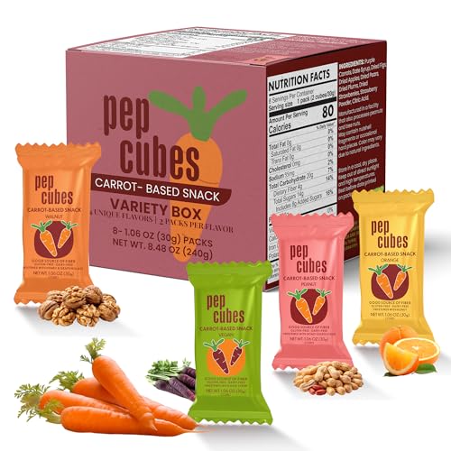 Image of PEPCUBES Carrot Snack Bites Variety Pack (8 Pack, 2 Packs Per Flavor), Walnut, Peanut, Orange & Vegan from Purple Carrot, Soft Chewy, Real Ingredients, Naturally Sweetened, High Fiber, Steady Energy, Gluten Free, Dairy Free, Low Calorie, Plant Based, Gut-Friendly | 8 ct, 1.06 oz each