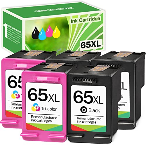 Limeink 5 Remanufactured Ink Cartridge Replacement for 65XL 65 XL High Yield for HP DeskJet 2600 2622 2652 2655 3700 3720 3722 3752 3755 Envy 5000 5052 5055 Printer AMP 100 Black and Color Combo Pack